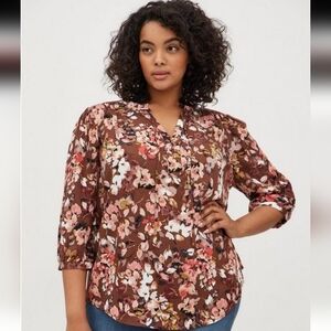 Torrid Rayon Twill Peasant Blouse Brown/Floral  Size 3X